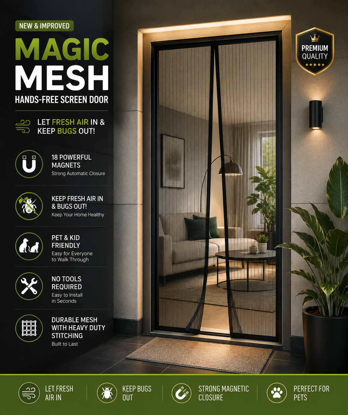 Polyester Magnetic Mosquito Net for Door | Mosquito Curtain for All Door Types & Sizes
